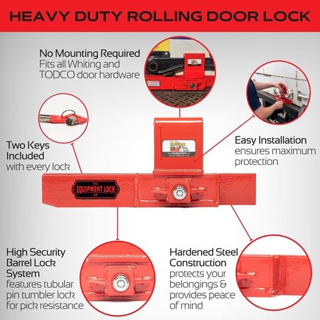 The Equipment Lock Company Heavy Duty Rolling Door Lock secures the locking handle of a roll-up door in the downward position HDRDL-KA